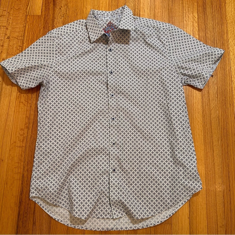 Robert Graham Mens L White Geometric Square Print Short Sleeve Button-Down (g8)